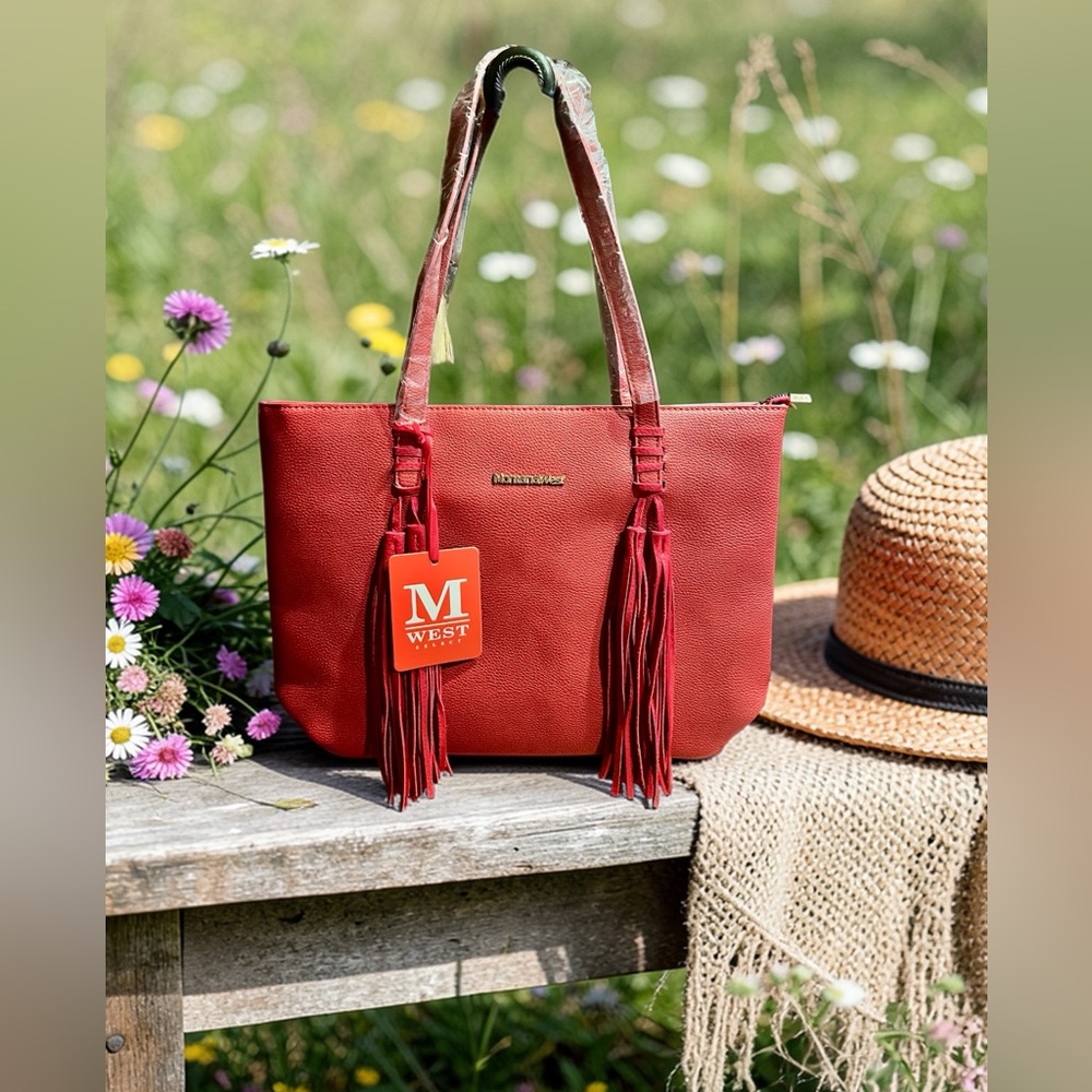Montana West Red Tote Bag w/Front Tassels & Pebbled Faux Leather (NWT) - Picture 3 of 13